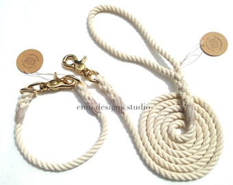 Natural Cotton Rope Dog Collar and 5 ft Leash Set