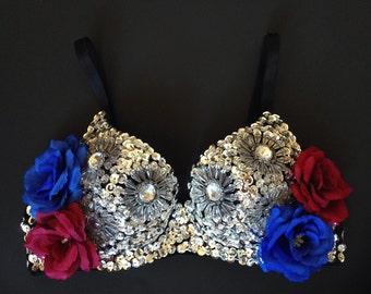 Patriotic Silver Sequins Rave Bra