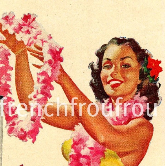 vintage hawaiian pin-up girl illustration hula girl DIGITAL