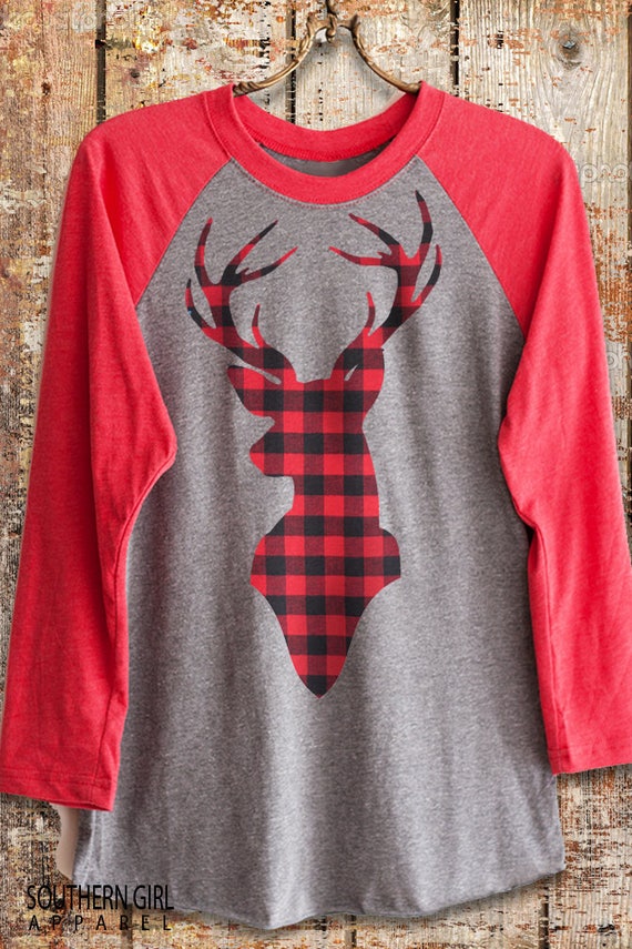 Buffalo Plaid Deer Head Antler Baseball T-Shirt. Deer Head