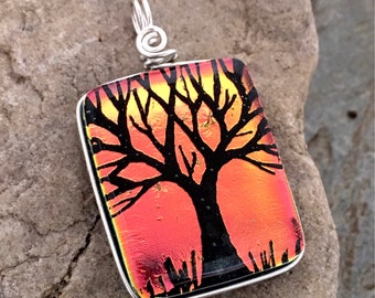 SALE Tree Pendant Dichroic Salmon Hand Etched Glass Art Wire Wrapped