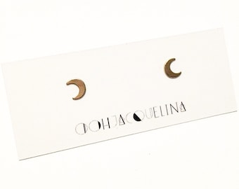 Gold moon stud earrings, Gold crescent moon earrings, moon studs
