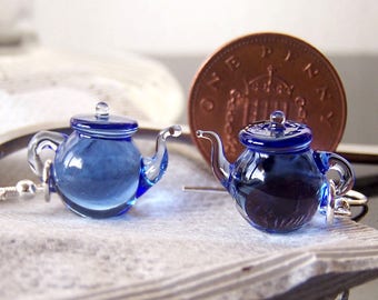 Sapphire blue tea tiny teapots - handmade glass dangling lampwork earrings