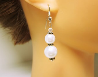White Pearl Earrings White Glass Pearls Silver Spacer Beads Wedding Wear Gift For Her Bridesmaid Gift Idea JEWELRY