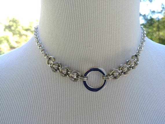 24/7 Wear Discreet Symbolic O Ring Day Collar Necklace, Submissive Slave Collar, Stainless Steel Captive Swarovski Gray Glass Pearls