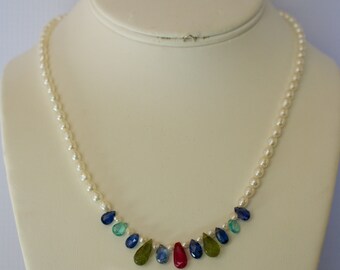 Beautiful Strand of White Rice Pearl with Ruby, Apatite, Vasonite, Kyanite Stone Necklace.