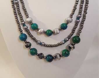 3 Strand Necklace Made With Green/Blue and Silver Beads with Metal Gray Glass Pearls and Seed Beads