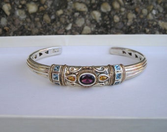 Beautiful Sterling Silver Amethyst Blue Topaz Citrine Gemstone Cuff Bracelet Michelle Albala