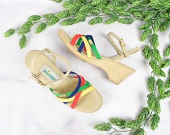 1970s / 80s Strappy Heeled Sandals in Rainbow Size 6.5