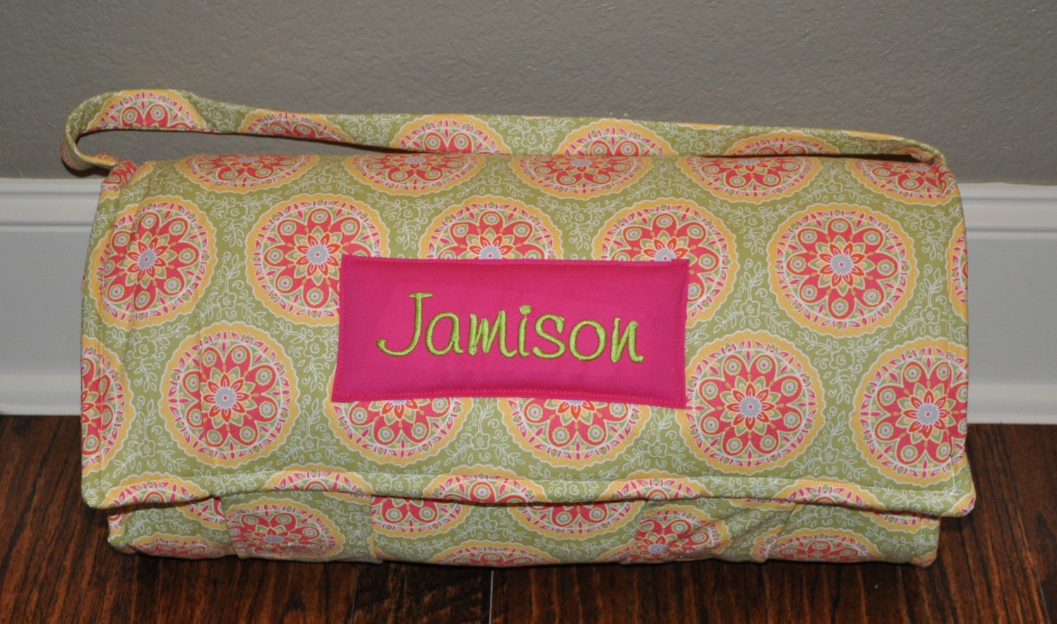 Nap Mat Monogrammed High Street Green and Pink Medallion
