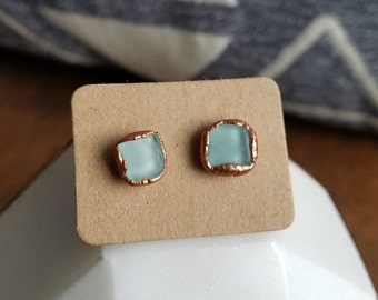 Light Blue Beach Glass and Electroformed Copper Earrings