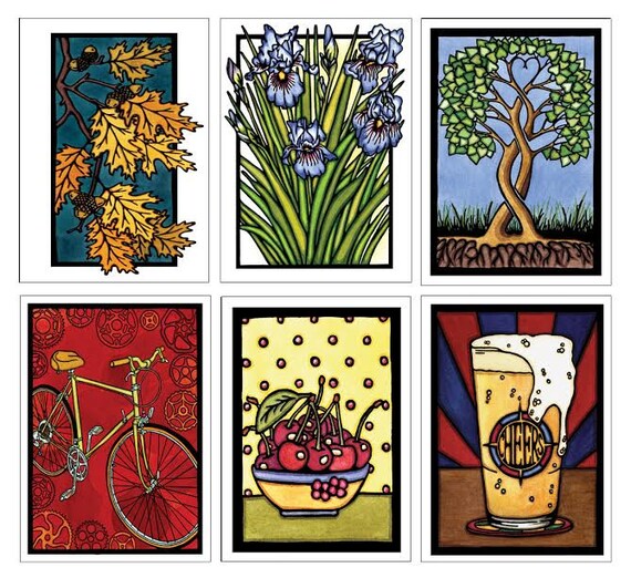Best Seller Collection #2 - 6 Blank Greeting Cards - Oak Leaves, Iris, Tree, Bicycle, Cherries, Beer