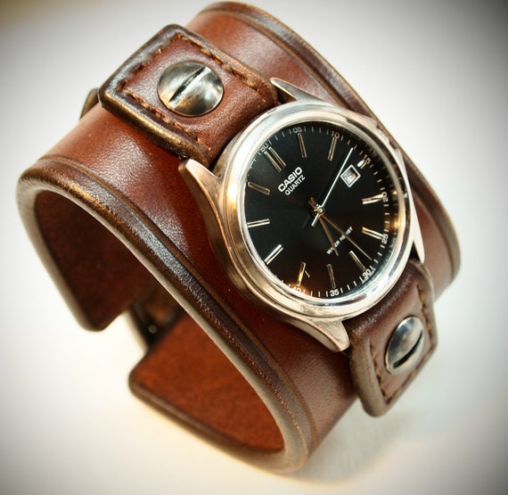 Leather cuff Watch Casio Vintage Brown bridle leather Wrist watch Custom made for YOU in USA by Freddie Matara