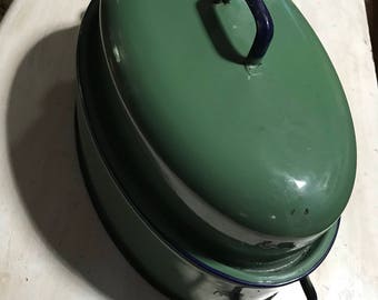 Vintage enamel roaster pan, green enamel, antique roasting pan, enamelware, 1940's, enamelware roasting pan with lid