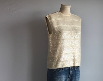 Vintage 60s Beaded Top / 1960s Cream Sequined Sleeveless Lambs Wool Tank Sweater / Pointelle Knit Sweater