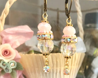 romantic soft pink dangle earrings with vintage Swarovski crystals and beads #1069-9