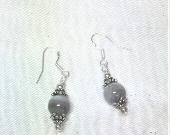 Gray Agate Dangle Drop Sterling Silver Earrings #534