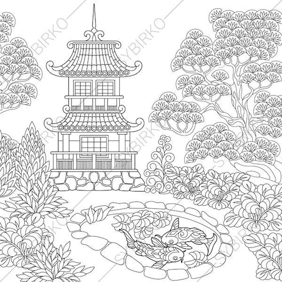 Download Chinese Pagoda. Japanese Garden. Coloring Pages. Coloring book