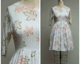 Vintage 1960s Dress • Falling Colors • Orange Green Leaf Print 60s Day Dress Size Medium