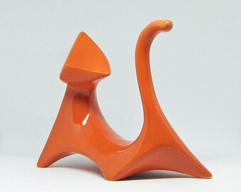 Ceramic Retro Atomic Cat Figurine in Orange Mid Century Modern Cubist Style Sculpture