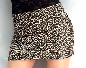 High waisted leopard print spandex mini skirt black lace top