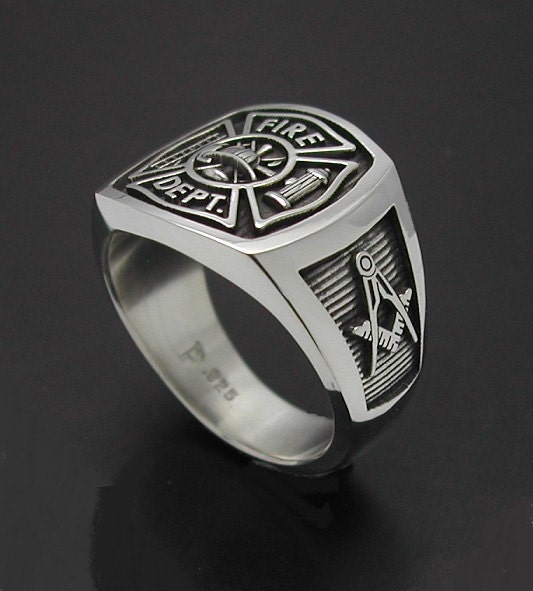 Masonic Fireman Ring in Sterling Silver Style 023M