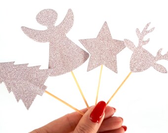 24 glitter Christmas food picks, light pink | deer, trees, stars & angels | cupcake toppers | cocktail sticks | Christmas table decoration |
