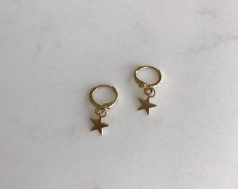 Drop earrings, dangle gold earrings, dangling star earrings , gold star earring, hoop star earring, gold ear drop, delicate dangle earrings
