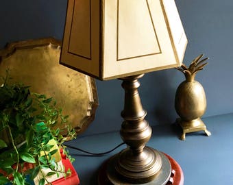 Vintage Mid Century Art Deco Style Table Lamp / Accent Lamp - Ivory and Gold Hexagon Shade with Aged Brass Base - A Striking Little Duo!