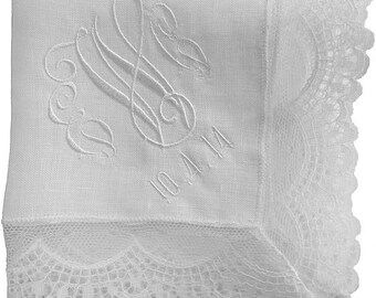 Embroidered Fancy Irish Linen and Lace Hankie Personalized - AND GIFT WRAP