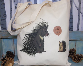 Porcupine & Hedgehog 'Nice Hair' Illustration Eco Tote Bag ~ 100% Cotton Long Handles