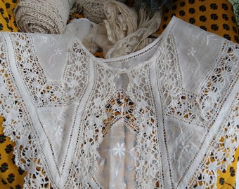 Antique French Fine Lace Collar Hand Embroidered Handmade White Cotton Bridal Collar Sewing Project Costume Movies #sophieladydeparis