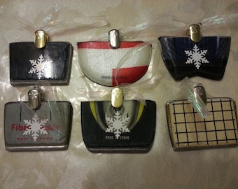 SKI Ornaments made from the tail end of a recycled ski. Makes great ski gifts and stocking stuffers for any skier or snowboarder