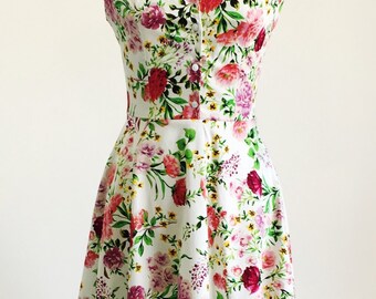 Primavera Vestido de flores, vestido flores, vestido de verano, vestido de estilo vintage, medio vestido, vestido de algodón, años 50, vestido, vestido de fiesta de jardín