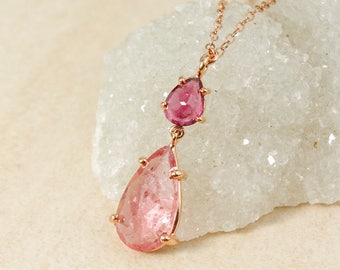 Deep Pink Tourmaline & Light Pink Tourmaline Teardrop Necklace - 14kt Rose Gold Filled