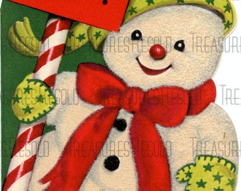 Snowman With Candy Cane Sign Christmas Card #484 Digital Download