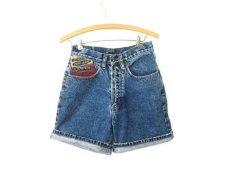 80s Blue Jean Shorts High Waist PEPE Denim Shorts Vintage 1980s Long MOM Shorts Dark Roll Up Button Fly Womens Size 28 inch waist Small