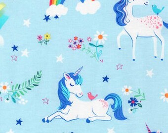 Unicorns and Rainbows on Blue from Robert Kaufman's Happy Little Unicorn Collection