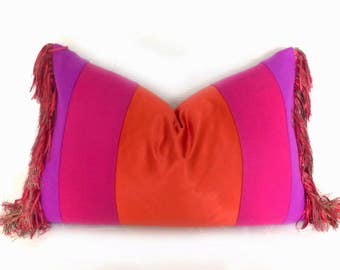 BOHO Pillow Cover, Bohemian Pillows, Pink Pillow, Red Purple Pillow, Unique Pillows, Color Block Pillow, Eclectic Decor, Fringe Pillow 14x20