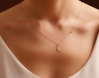 14K Gold Crescent Moon Necklace/Gold Necklace Available in 14k Gold, White Gold or Rose Gold
