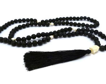Mala Necklace-Lava & turquoise, Gilded beads