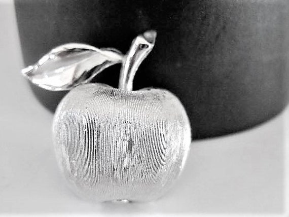 Crown Trifari Brooch, Silver Apple, Gift for Teacher, First Day of School Pin