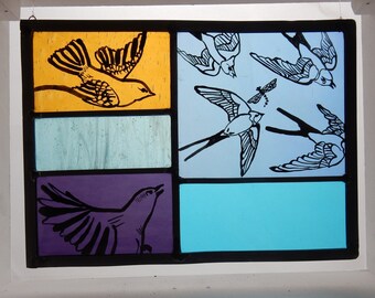 Large Stained Glass Bird Panel. Blue, Purple and Orange Glass. Iridescent Blue Glass. Birds in Flight. Summer Swallows. Hand Painted and Lea