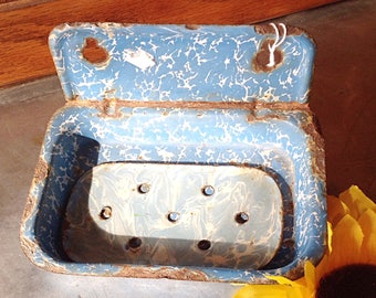 Blue and White Swirl Antique Enamel Soap Dish