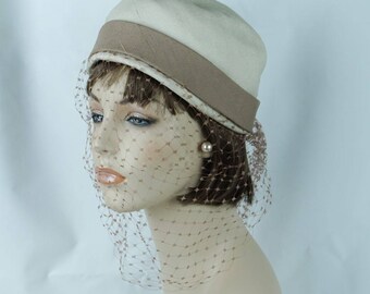 1950s Vintage Hat Beige and Taupe Silk Veiled Cloche by Miss May Sz 22