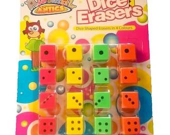 16 Pack of Fun Dice Erasers Rubbers 4 Colours By Animal Antics Kids School Party Gift School Supplies Stationary Office Accessory