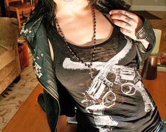 guns top, black tank top, free shipping etsy, heavy metal, womens gun tank, 1AEON womens black tank top, gun tank top, S