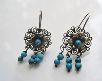 Vintage Mexican Earrings Frida Kahlo Style Boho Wear Silver and Turquoise Short Dangle Earrings