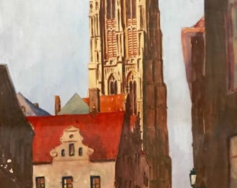 Tower and strollers on a Belgian street (antique painting)