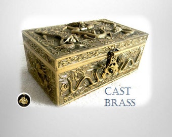 Oriental vintage cast brass lidded box with dragon designs